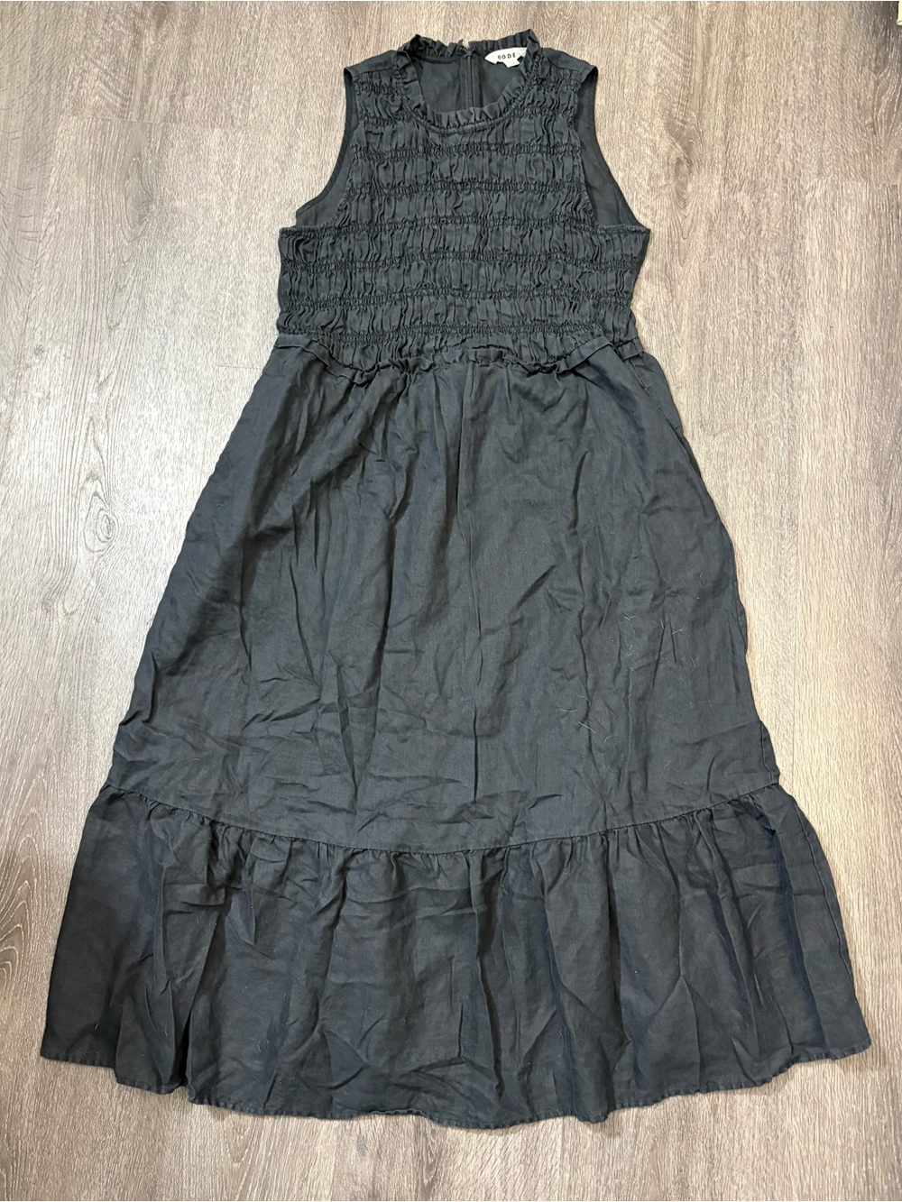 Boden Smocked Midi Dress 100% Linen Size 16-18 Reg Black Minimal Preppy Capsule